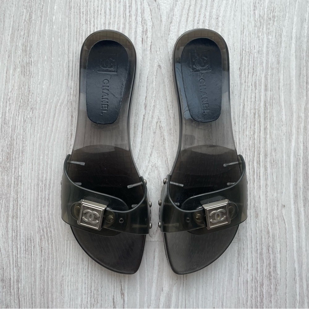 Chanel translucent grey black open toe plastic slides size 38 silver hardware